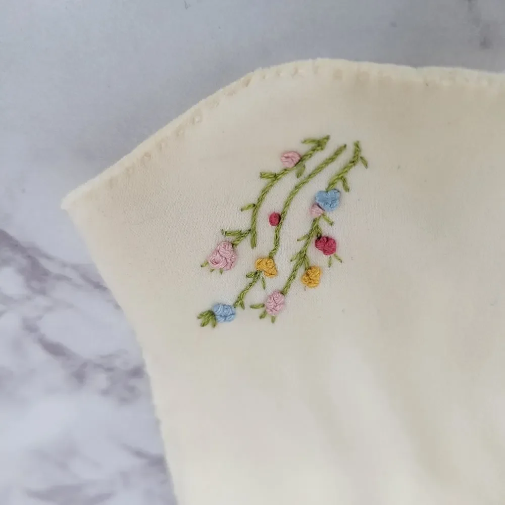 50s Vintage Cream Hand Floral Flower Embroidered Women's Dress Gloves